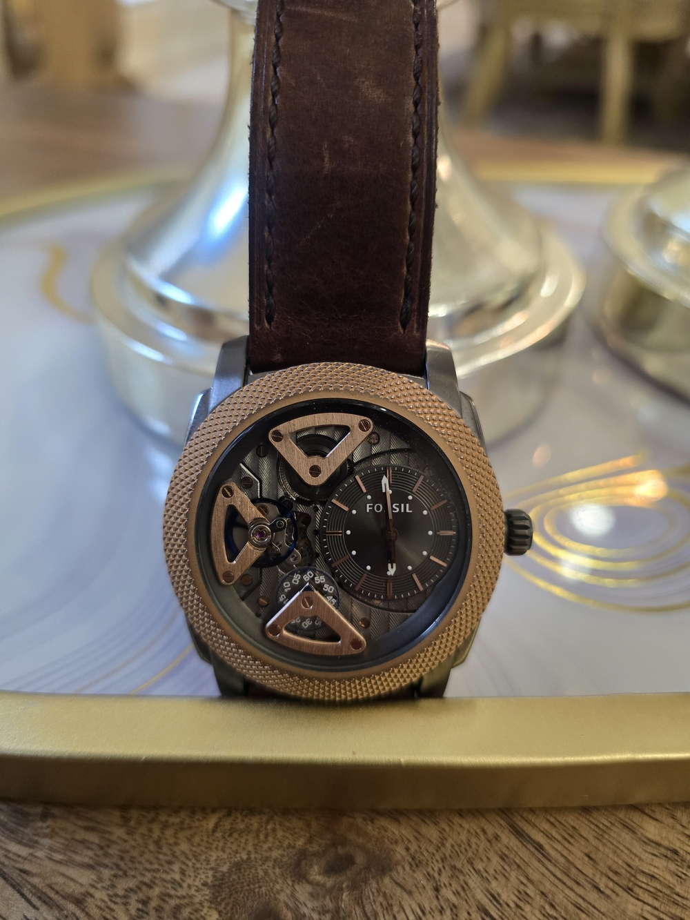 Fossil Men's Brown Leather Automatic Watch with Rose Gold Accents